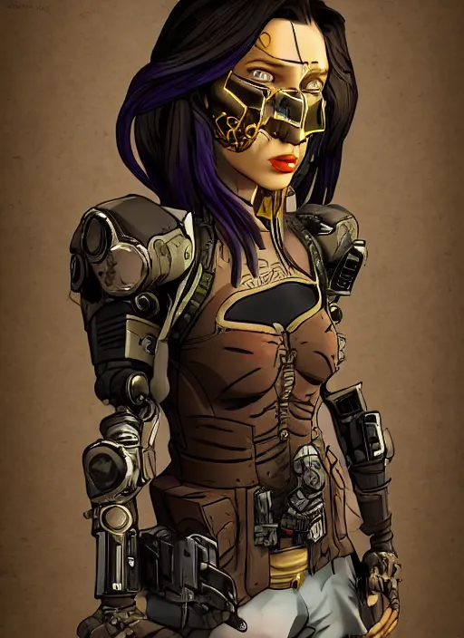 Prompt: a mysterious portrait of a cyborg bodyguard, pretty, premium cybernetics, D&D, fantasy, intricate, cel-shaded 3d, Borderlands style