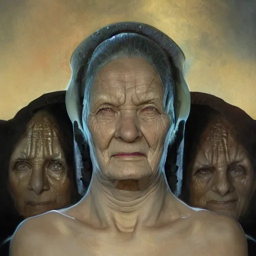 Image similar to hyperrealist portrait of an ancient old alien woman with three heads standing in a vast empty space with mounds of clay here and there by jeremy mann and alphonse mucha and stan lee, fantasy art, photo realistic, dynamic lighting, artstation, poster, volumetric lighting, very detailed faces, award winning, full face, symmetry