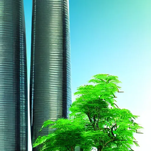 Image similar to Two futuristic towers with a skybridge covered in lush foliage, digital art