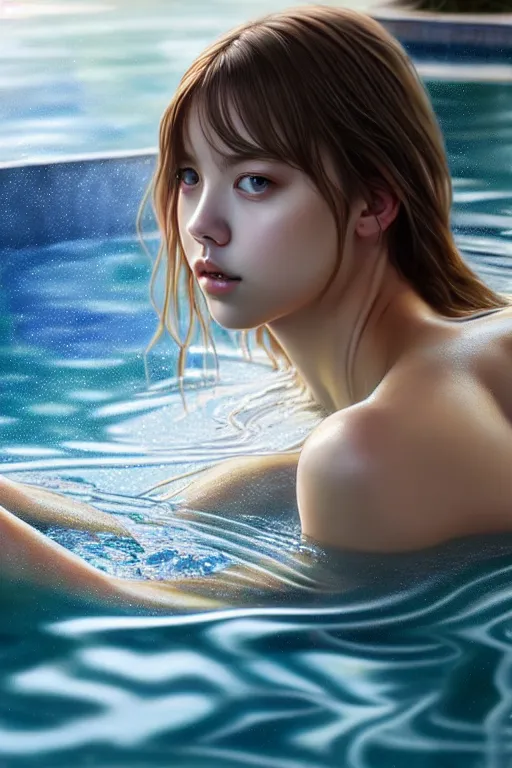 Image similar to beautiful half body digital painting of lalisa emerging from pool of water with high detail, face, 8 k, stunning detail, photo by artgerm, greg rutkowski and alphonse mucha, unreal engine 5, 4 k uhd