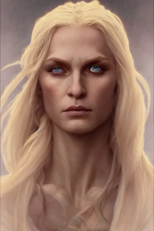 Image similar to portrait of an old blonde elven mage, dark, piercing eyes, gentle expression, elegant clothing, photorealistic, highly detailed, artstation, smooth, sharp focus, art by michael whelan, artgerm, greg rutkowski and alphonse mucha