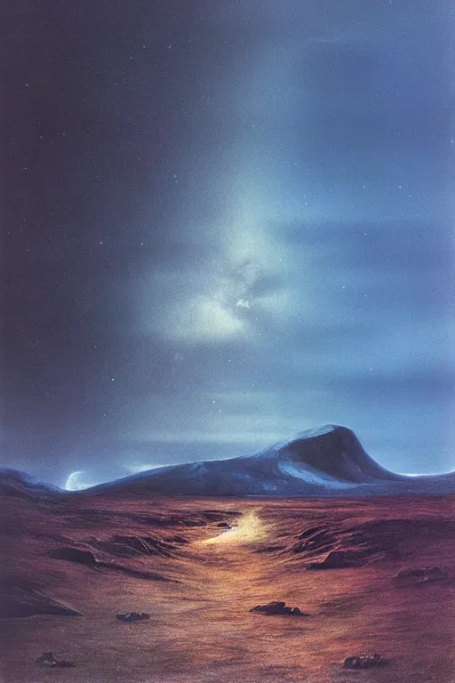 Image similar to emissary iceland highlands by arthur haas and bruce pennington and john schoenherr, cinematic matte painting, zaha hadid a - frame building, photo realism, dark moody color palate, blue hour stars, desolate glacial landscape,