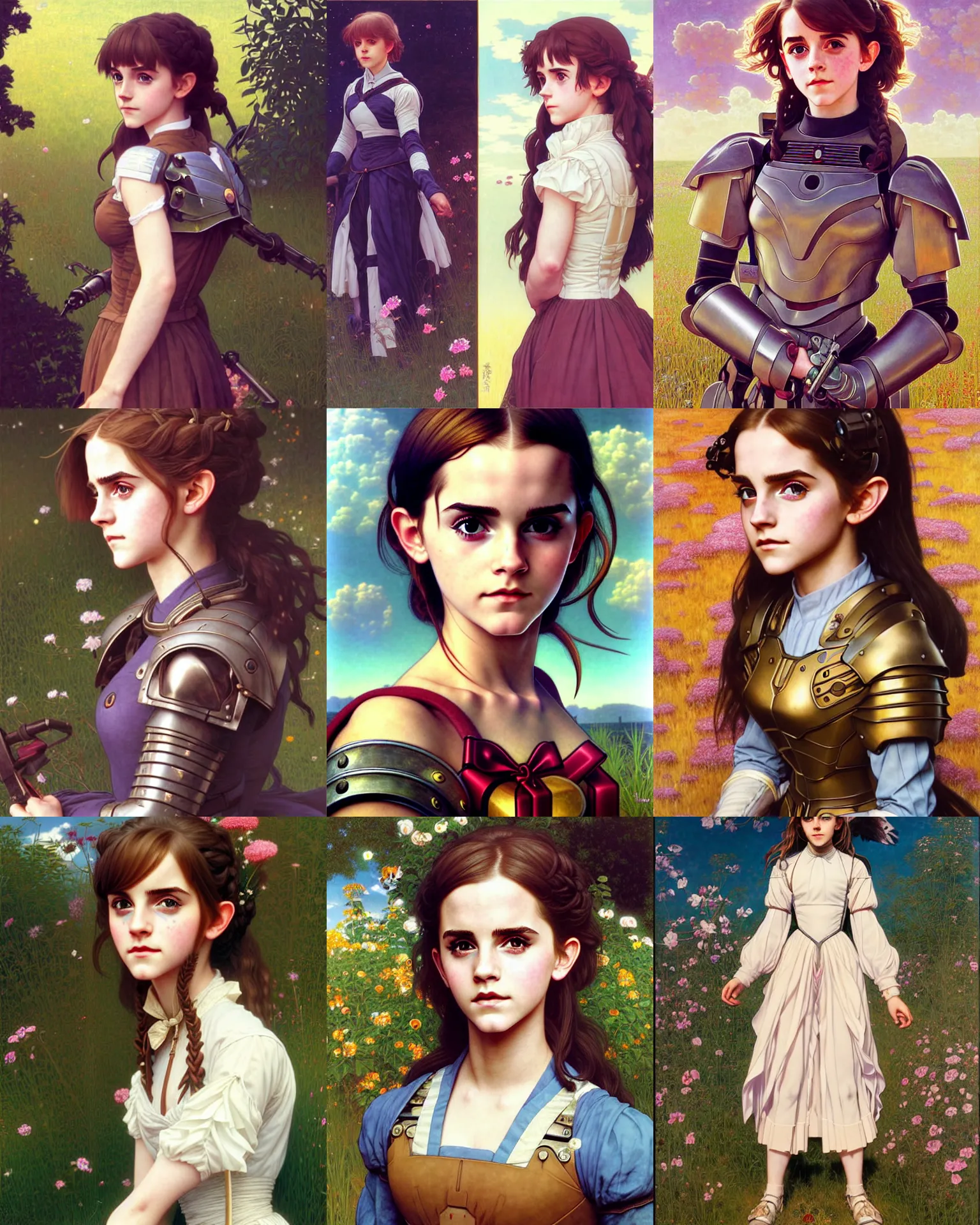 Prompt: portrait of beautiful cute young country maiden anime emma watson in warhammer mechanical armor, summertime, high details, art by ( ( ( kuvshinov ilya ) ) ) and wayne barlowe and gustav klimt and artgerm and wlop and william - adolphe bouguereau