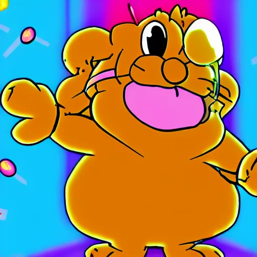 Image similar to neon white video game, garfield as mikey from neon white, screenshot