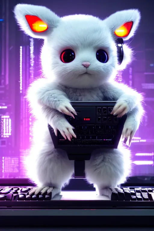 Image similar to high quality 3 d render very cute fluffy cyborg!! mouse plays keyboard, cyberpunk highly detailed, unreal engine cinematic smooth, in the style of blade runner & detective pikachu, hannah yata charlie immer, moody light, low angle, uhd 8 k, sharp focus