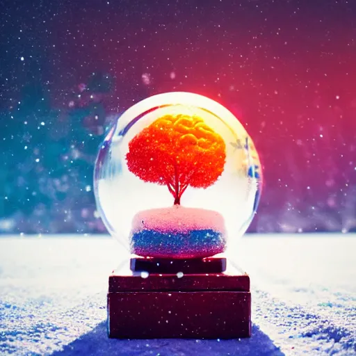Prompt: a brain in a snowglobe, beeple, warm saturated colours