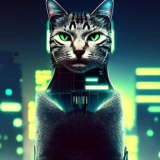 Image similar to professional photo of cyborg cat, cyberpunk background, blade runner, hyperrealistic masterpiece, trending on artstation, cgsociety, kodakchrome, golden ratio, cinematic, composition, beautiful lighting, hyper detailed, sharp focus, octane render, 4 k, unreal engine