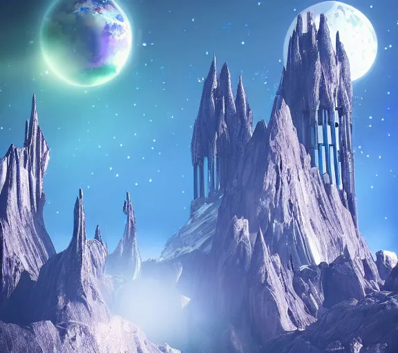 Prompt: planet with a gigantic gothic tower extending out of its atmosphere, epic megastructure. beautiful, realistic, massive, space, fantasy scene, futuristic and iridescent crystals