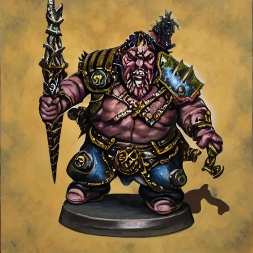 Image similar to chaos dwarf smith in the style of warhammer fantasy : : head and torso oil painting