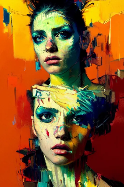 Image similar to portrait of a beautiful punk girl, complementary colors, beautiful face, rule of thirds, intricate outfit, spotlight, by greg rutkowski, by jeremy mann, by francoise nielly, by van gogh, digital painting