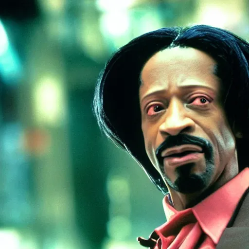 Image similar to a film still of Katt Williams starring in The Matrix (1999), close up, shallow depth of field