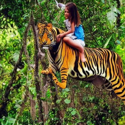 Image similar to girl riding giant tiger in the jungle