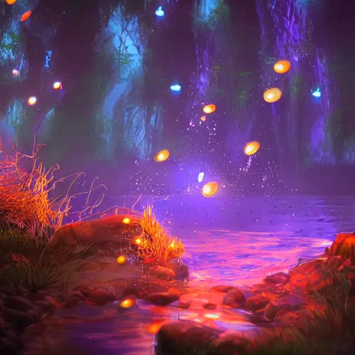 Image similar to the ultradetailed wide - shot of magical water spell effects, trending on artstation, glowing fireflies at night