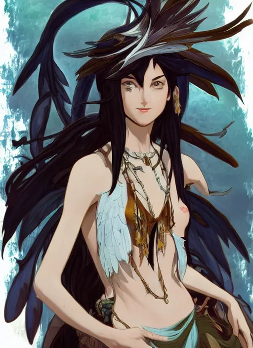 Image similar to concept art painting of a harpy with black feathers, androgynous, pirate clothes, detailed, realistic, cel shaded, in the style of makoto shinkai and james gurney and alphonse mucha and greg rutkowski and artgerm