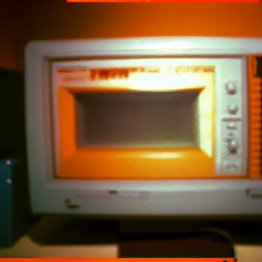 Image similar to low fidelity, low quality grainy image of a bright crt in a cluttered, claustrophobic orange room. the walls are closing in, the window to the digital soul stares intently