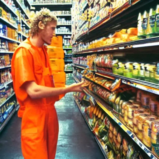 Image similar to layne staley working as a grocery store cart attendant and wearing an orange hivis vest