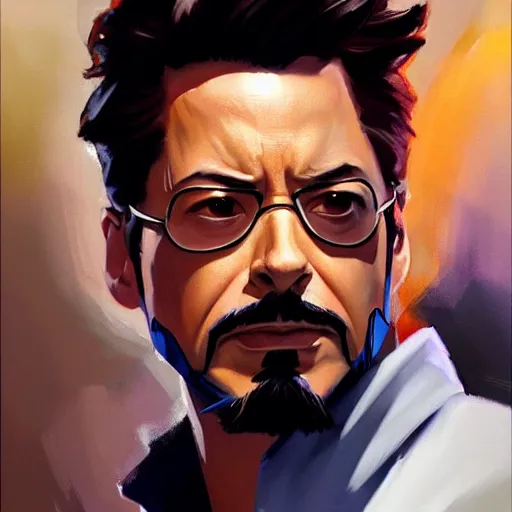 Image similar to greg manchess portrait painting of tony stark as overwatch character, totally whack, medium shot, asymmetrical, profile picture, organic painting, sunny day, matte painting, bold shapes, hard edges, street art, trending on artstation, by huang guangjian and gil elvgren and sachin teng