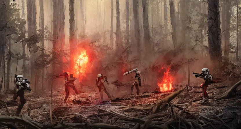 Image similar to imperial stormtroopers shooting red blaster bolts in a burned lifeless forest with burned trees and plants concept art by Doug Chiang cinematic, realistic painting, high definition, digital art, symmetrical, very detailed, extremely high detail, photo realistic, concept art, unreal engine 5, the Mandalorian concept art style