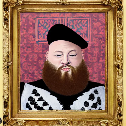 Prompt: action bronson stoned, portrait, action bronson as king henry viii, regal hat, king, stately, painting