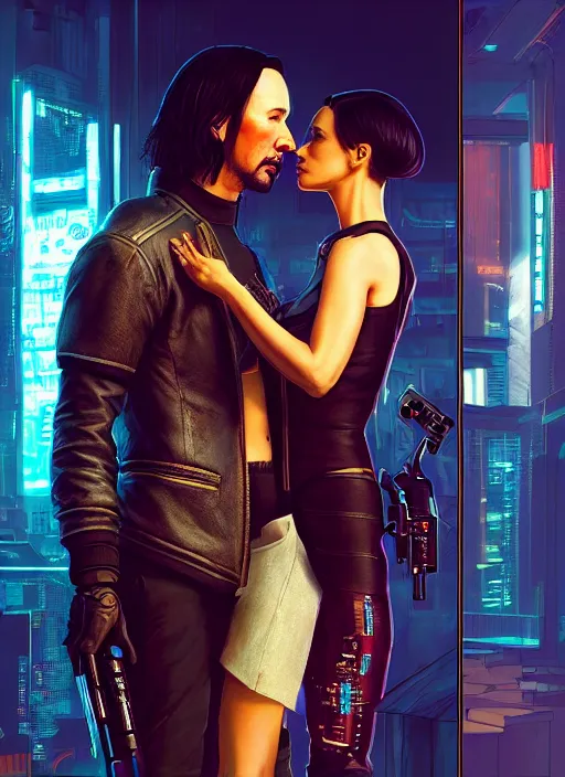 Image similar to a cyberpunk 2077 srcreenshot couple portrait of Keanu Reeves & female android in final kiss,love,film lighting,by Laurie Greasley,Lawrence Alma-Tadema,Dan Mumford,artstation,deviantart,FAN ART,full of color,Digital painting,face enhance,highly detailed,8K,octane,golden ratio,cinematic lighting