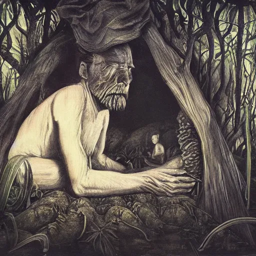 Prompt: melancholic painting of the Jungle Man and his only friend, vulnerable, huddled together in a small hut in the forest, surrounded by grass and algae, deepening dark shadows,