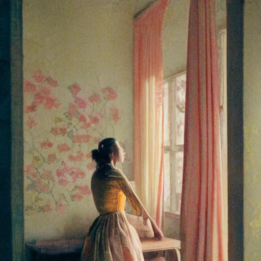 Image similar to a beautiful flowery girl in an soviet golden liminal abandoned room, film still by wes anderson, depicted by balthus, limited color palette, very intricate, art nouveau, highly detailed, lights by hopper, soft pastel colors