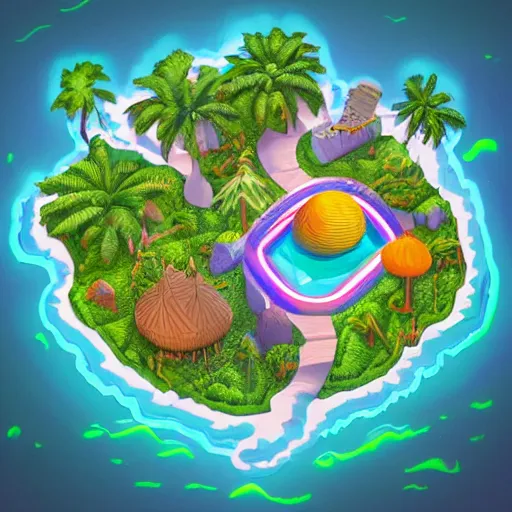 Image similar to isometric half sphere island on neon background, isometric invironment, 3d art, isometric art, amazing detail, artstation, concept art, behance, ray tracing