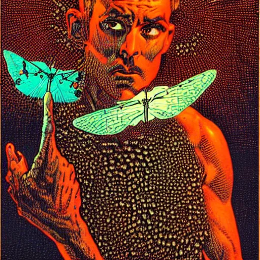 Image similar to a guy, face covered in moths, small details, by virgil finlay, by kilian eng,