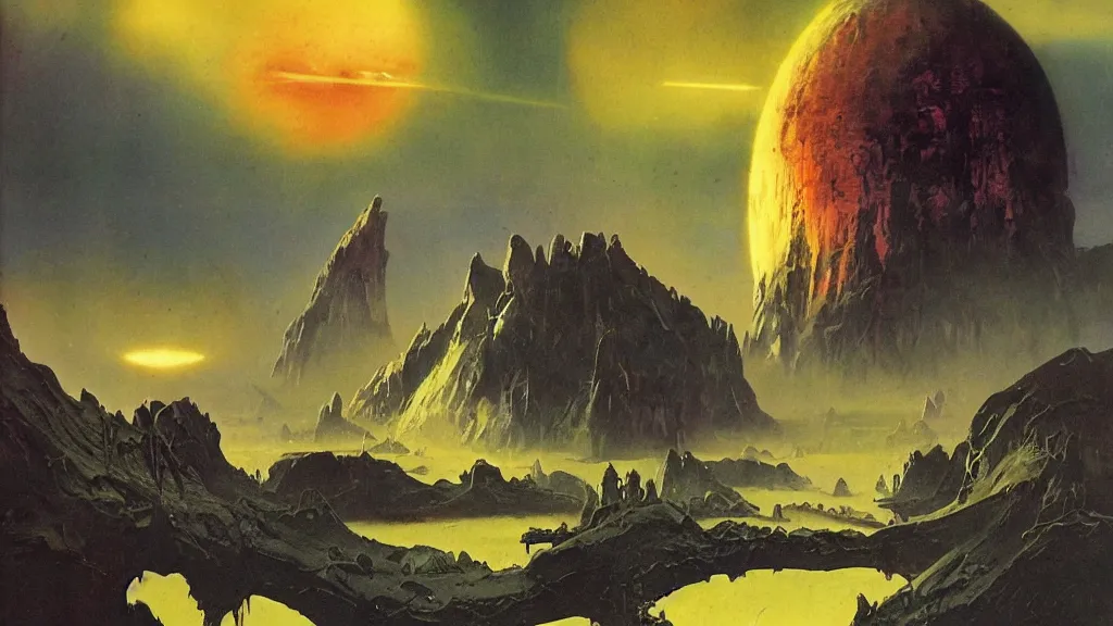 Image similar to surreal eerie alien planet empire by frank frazetta and bruce pennington, cinematic matte painting