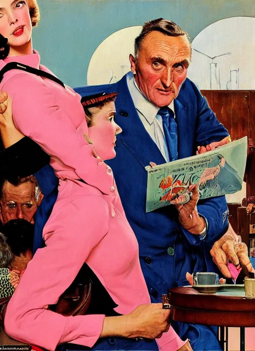 Image similar to dennis hopper berated by an air hostess in a hotel lobby, painted by norman rockwell and tom lovell and frank schoonover, pink and blue