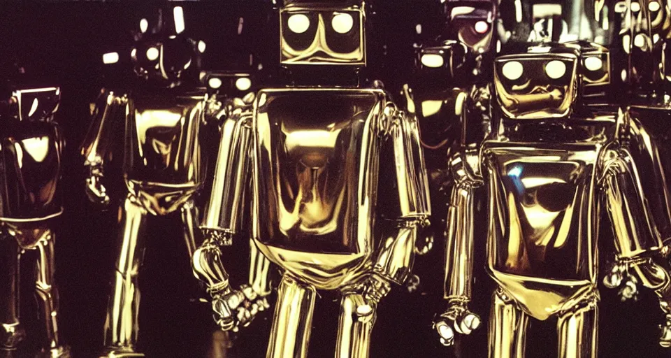 Prompt: color film still, chrome robots at the disco ; studio 5 4 ( 1 9 9 8 )