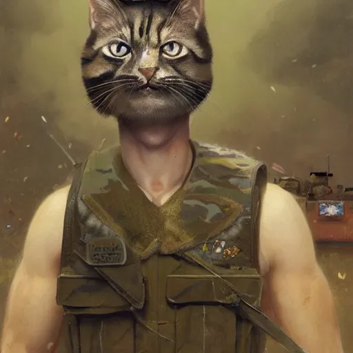 Image similar to Portrait face fuzzy ears furry ripped physique kitty cat general camouflaged as a kitty cat man wearing a military officer uniform standing atop a panzer tank charlie bowater elina brotherus greg rutkowski Dan Witz norman rockwell victo ngai