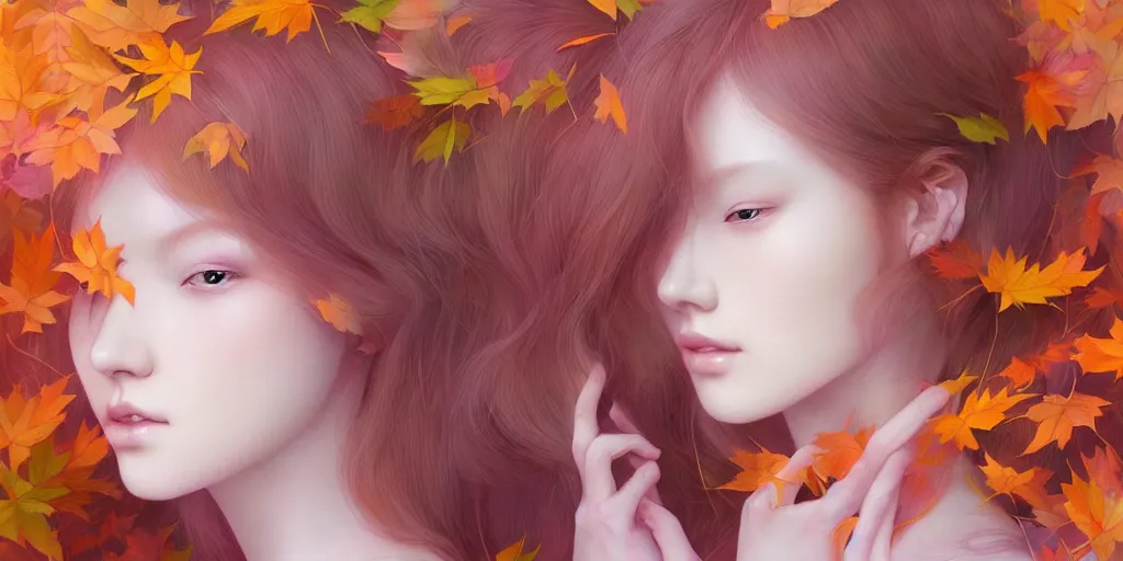 Prompt: highly detailed pastel colors of an ethereal ginger beauty morphing gradually into autumn leaves, by artgerm and hsiao - ron cheng, smooth composition, fine patterns and detail