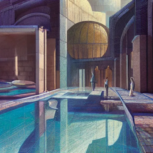 Image similar to detailed face of an arabic woman, travertine and stainless steel courtyard, clear pool, tectonic sky, skydome, reactor, utopian, tech noir, wet reflections, prism, atmospheric, ambient, pj crook, syd mead, livia prima, artgerm, greg rutkowski, nick alm, casey baugh