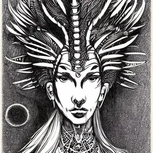 Image similar to a cosmic, lovcraftian female sphinx with spikes on its head and feathers and jewellery drawing by tsutomu nihei