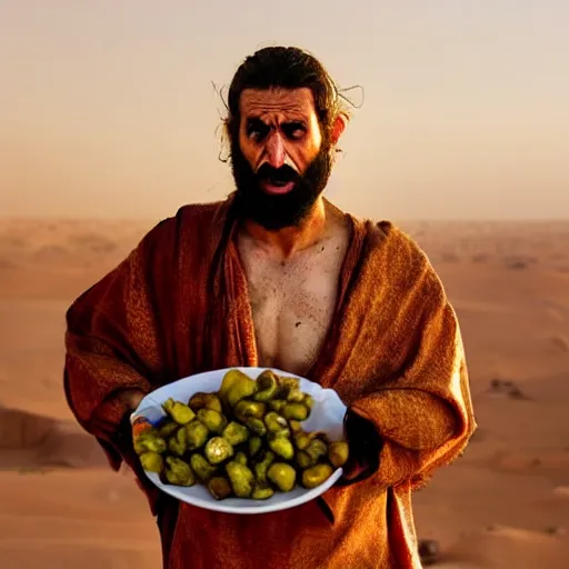 Image similar to cinematic still of angered middle eastern skinned man in ancient Canaanite clothing looking up while holding a plate of rotting fruit, mad, frustrated, jealous, Biblical epic by Christopher Nolan