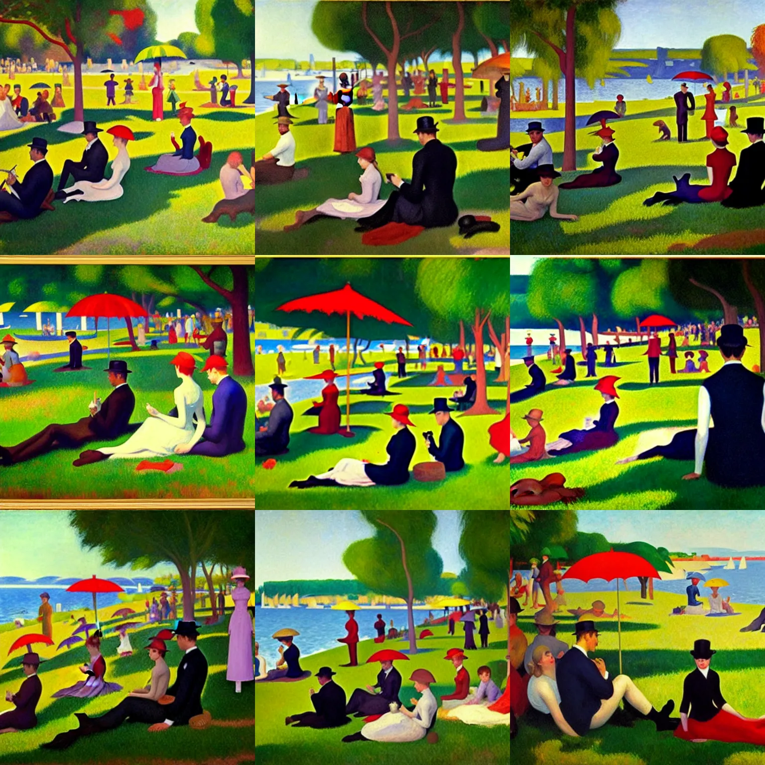 Prompt: a sunday afternoon on the island of la grande jatte, painted by edward hopper, 1 9 4 2. oil on canvas.