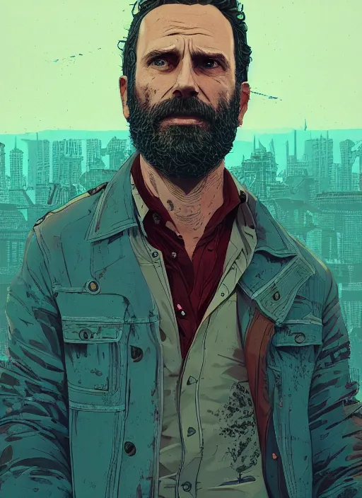 Prompt: portrait of rick grimes, artstation winner by victo ngai, kilian eng and by jake parker, swirly vibrant color lines, winning award masterpiece, fantastically gaudy, aesthetic octane render, 8 k hd resolution