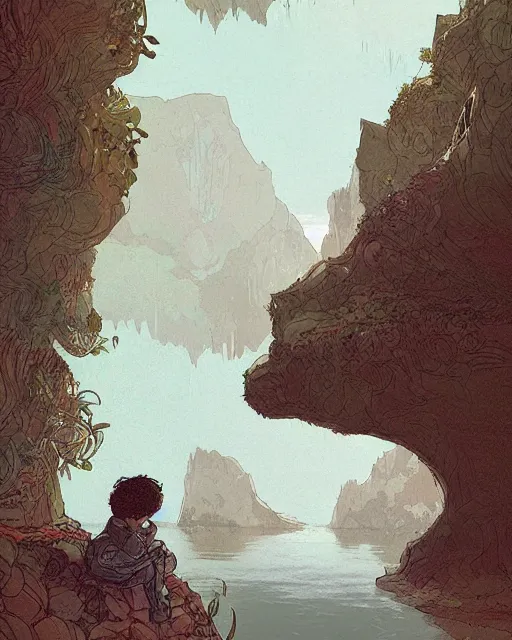 Image similar to a boy sneaking behind a giant sleeping giant, in a cave by the water, digital art, illustrated by james gurney and victo ngai