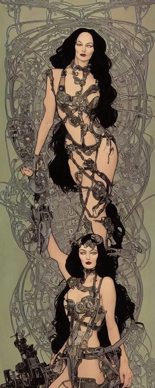 Prompt: a beautiful and captivating art nouveau industrial style portrait of morticia adams as a heavy metal rebel soldier by chris achilleos, travis charest and alphonse mucha, mixed media painting, photorealism, extremely hyperdetailed, perfect symmetrical facial features, perfect anatomy, ornate declotage, circuitry, technical detail, confident expression