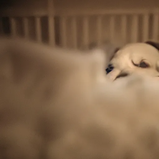 Image similar to close - up of a dog sleeping in a bed made of clouds, cinematic shot, photo still from movie by denis villeneuve