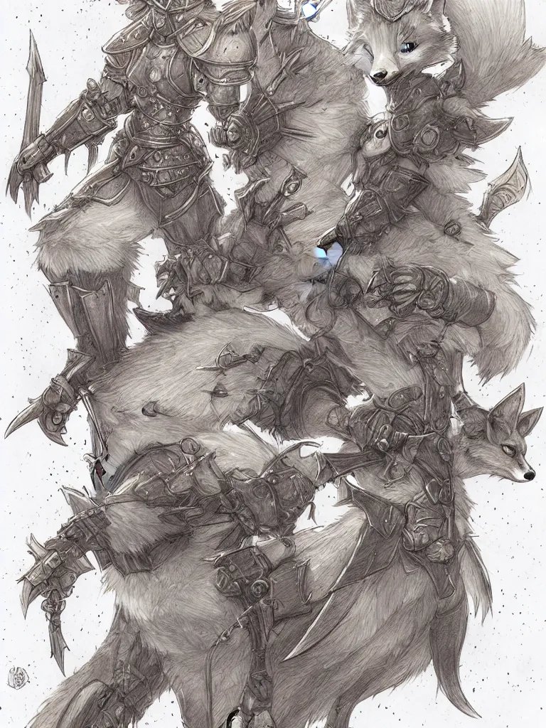 Image similar to heroic character design of anthropomorphic fox, whimsical fox, portrait, holy crusader medieval, final fantasy tactics character design, character art, whimsical, lighthearted, colorized pencil sketch, highly detailed, Akihiko Yoshida