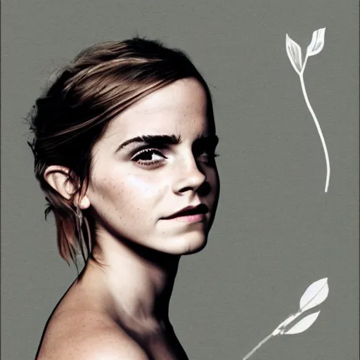 Image similar to emma watson mason plank flower vanish cloud shoulder mountain evening leaf overplayed portrait cliche basement, collage artwork