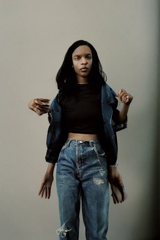 Image similar to realistic! photoshoot for a new vetements lookbook, color film photography, portrait of a beautiful woman, location in a apartment, in style of tyler mitchell, 35mm