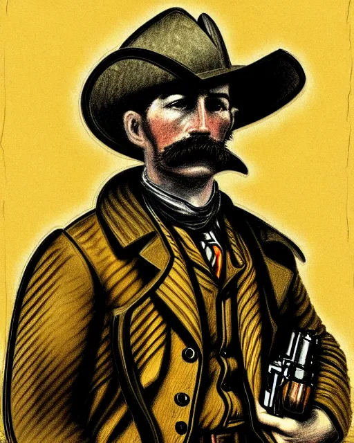 Prompt: an extremely detailed masterpiece portrait of a 1 8 9 0's gunslinger with colt 4 5 six - shooter, in the style of frank auerbach and charles marion russell, digital art