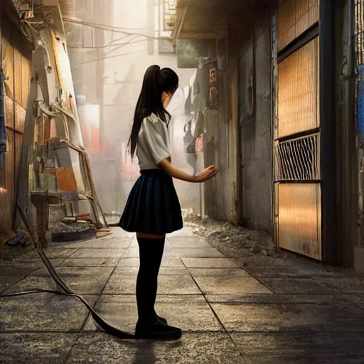 Image similar to perfect, realistic oil painting of japanese schoolgirl kneeling, in sci-fi dystopian alleyway, by an American professional senior artist, Hollywood concept, dynamic composition and motion, postproduction.