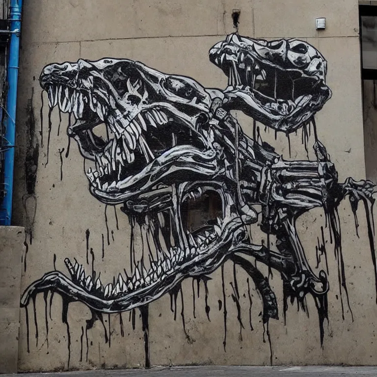 Image similar to Street-art painting of crocodile skeleton in style of Banksy, photorealism