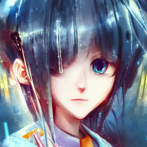 Image similar to dynamic composition, motion, ultra-detailed, incredibly detailed, a lot of details, amazing fine details and brush strokes, colorful and grayish palette, smooth, HD semirealistic anime CG concept art digital painting, watercolor oil painting of Clean and detailed post-cyberpunk sci-fi close-up schoolgirl in asian city in style of cytus and deemo, blue flame, relaxing, calm and mysterious vibes,, by a Chinese artist at ArtStation, by Huang Guangjian, Fenghua Zhong, Ruan Jia, Xin Jin and Wei Chang. Realistic artwork of a Chinese videogame, gradients, gentle an harmonic grayish colors. set in half-life 2, Matrix, GITS, Blade Runner, Neotokyo Source, Syndicate(2012), dynamic composition, beautiful with eerie vibes, very inspirational, very stylish, with gradients, surrealistic, dystopia, postapocalyptic vibes, depth of field, mist, rich cinematic atmosphere, perfect digital art, mystical journey in strange world