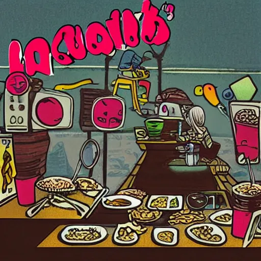 Image similar to squid eating at mcdonald's, lofi album art