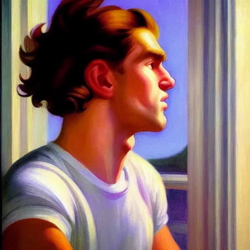 Prompt: A beautiful close-up of a young man with white!! curly!! long!! hair!!, dressed like in the 1940s, digital art by Edward Hopper, vibrant color scheme, highly detailed, in the style of romanticism, fine Art, high detail, great lighting, 8k resolution, masterpiece, concept art, illustration, clear eyes, soft lighting, soft details, painting oil on canvas, octane render, HDR, trending on artstation, 4k, 8k, HD